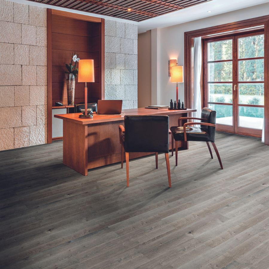 flooring in office, wood furniture, big window