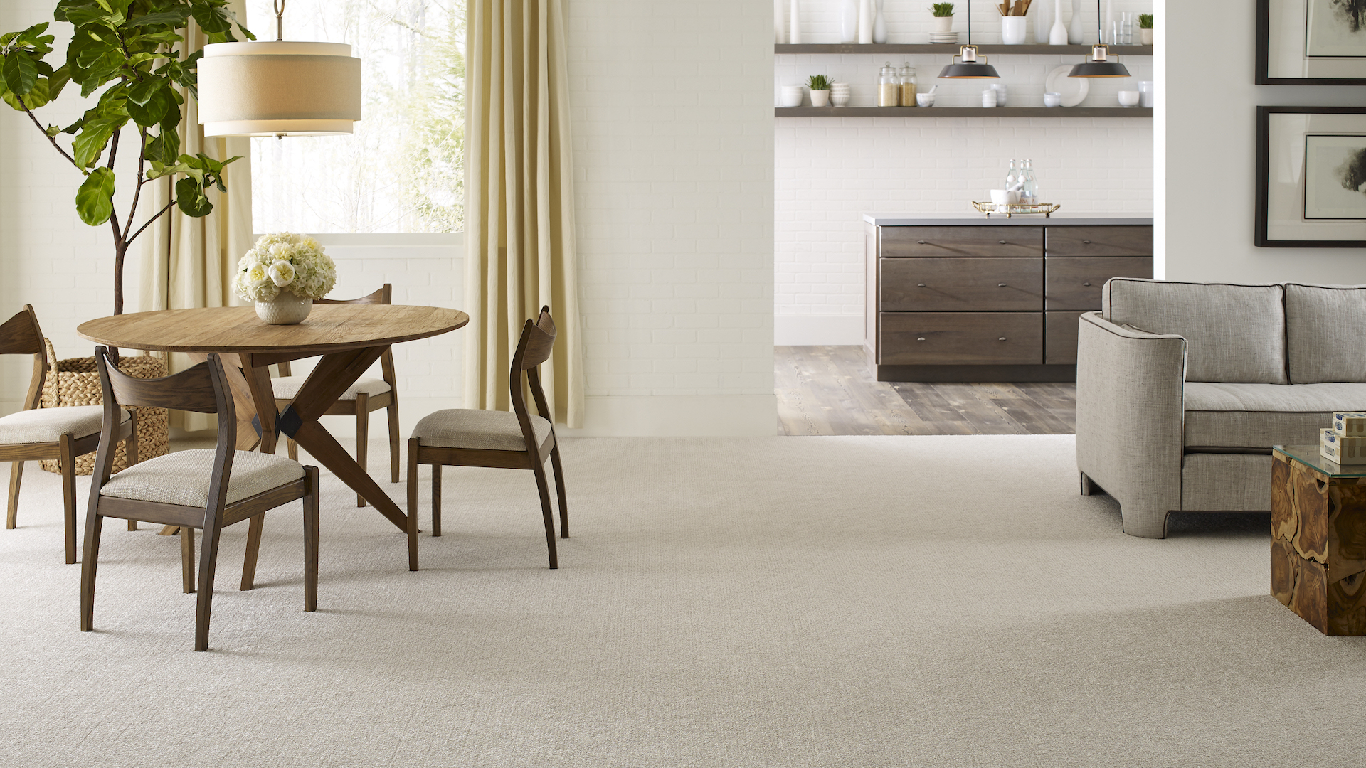 durable textured carpets in a open living and dining room
